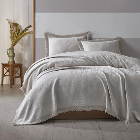 Prabangi medvilninė austinių žakardo raštų lovatiesė "Grace" su 2 pagalvių užvalkalais, šviesiai pilka